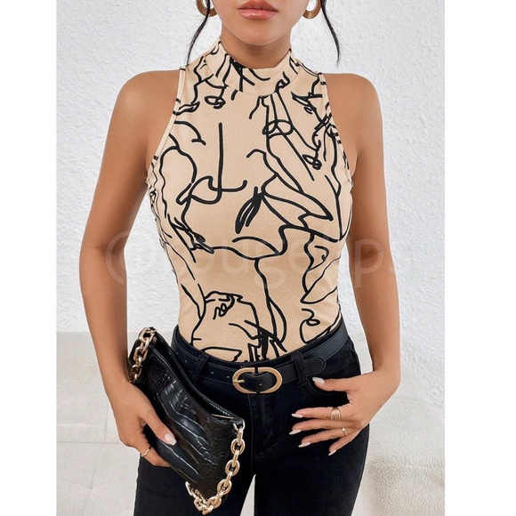 Abstract Face Print Beige Tan Sleeveless Top Slim Fit High Neck - Picture 6 of 7